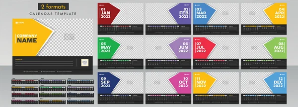 Twee Formaten Complete Set Van 2022 Jaarlijkse Kalender Sjabloon Lay — Stockvector