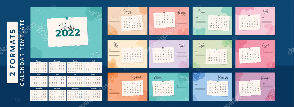 Colorful 2022 Yearly Calendar Template Design In Two Formats.