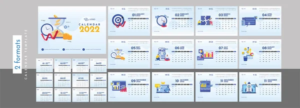 Dos Formatos Diseño Calendario Anual 2022 Con Elementos Comerciales Color — Vector de stock