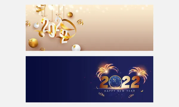 2022年新年快乐横幅或金蓝相间的头饰设计 — 图库矢量图片