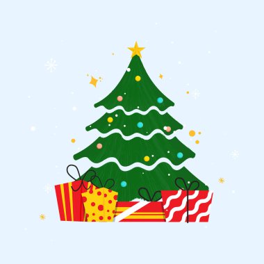 Mavi arkaplanda hediye kutuları olan dekoratif Xmas Ağacı.