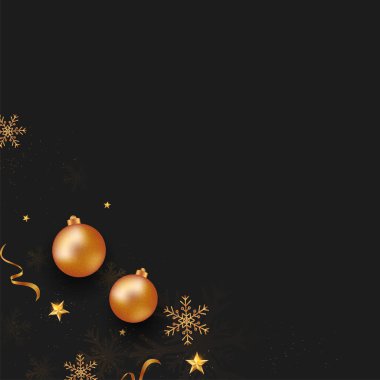 Altın Yıldızlı, Kar Taneli, Kurdeleli ve Siyah Arkaplandaki Boşluğu Kopyalayan 3 Boyutlu Glossy Baubles.