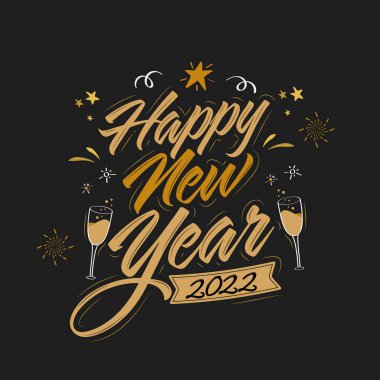 Altın Yeni Yıl 2022 Şampanya kadehli, yıldızlı ve havai fişekli yazı tipi siyah arka planda.