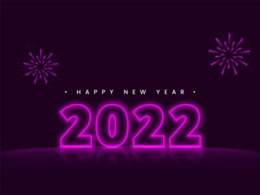 Magenta Neon 2022 Mutlu Yıllar Konsepti için Mor Arkaplan Numarası ve Havai fişekler.