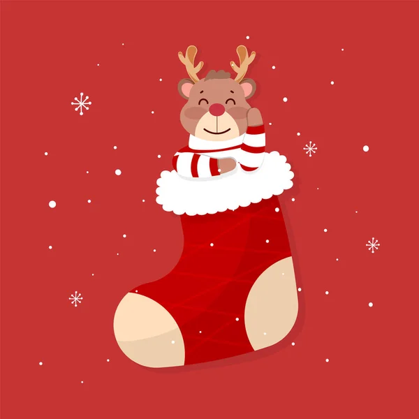 Cartoon Reindeer Santa Sock Snowfall Red Background — Stock Vector