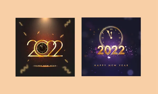 Social Media Square Poster Template Set Golden 2022 Happy New — 스톡 벡터