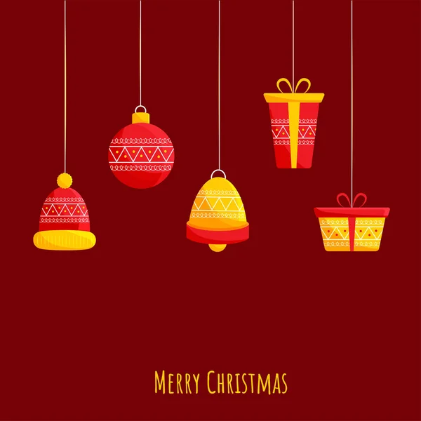 Merry Christmas Concept Hanging Wonolen Hat Jingle Bell Bauble Gift — 스톡 벡터