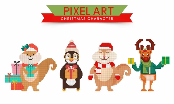 Pixel Art Christmas Characters Cartoon Reinoon Penguin Squirrel Gift Boxes — стоковий вектор