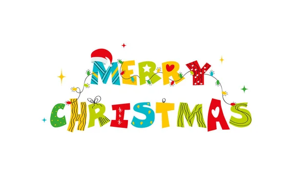 Kolorowe Merry Christmas Font Ozdobione Santa Cap Oświetlenie Girlandy Białym — Wektor stockowy