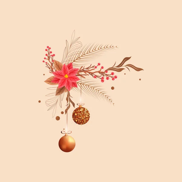 Poinsettia Flower Leaves Berries Branch Baubles Hang Peach Background — 스톡 벡터