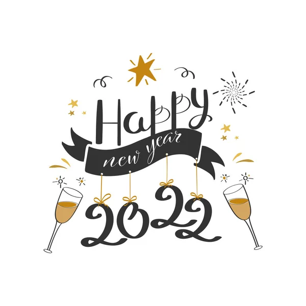 Black 2022 Szczęśliwego Nowego Roku Czcionka Champagne Glasses Stars Fireworks — Wektor stockowy