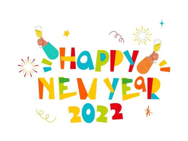 Kleurrijk Gelukkig Nieuwjaar 2022 Lettertype Met Handen Houden Champagne Glas — Stockvector