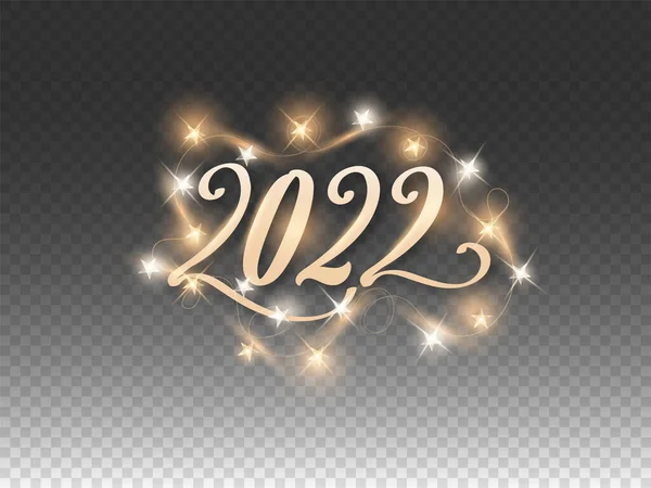 Número Oro 2022 Decorado Con Luces Cadena Estrella Fondo Negro — Vector de stock