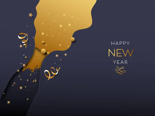 Frohes Neues Jahr Schrift Mit Champagner Aus Flaschen Sternen Schleifen — Stockvektor