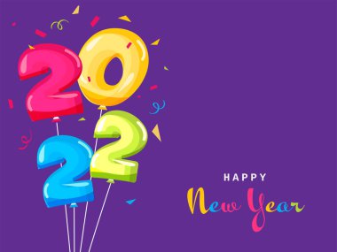 Renkli 2022 Balon Uçuşu ve Mor Arkaplanda Konfeti ile Mutlu Yıllar..