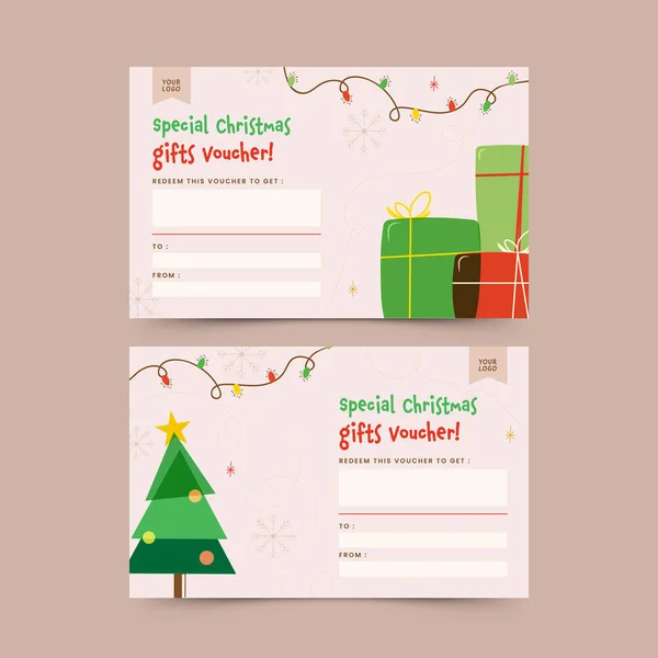 Diseño Cupones Regalo Navidad Con Árbol Navidad Cajas Regalo Dos — Vector de stock