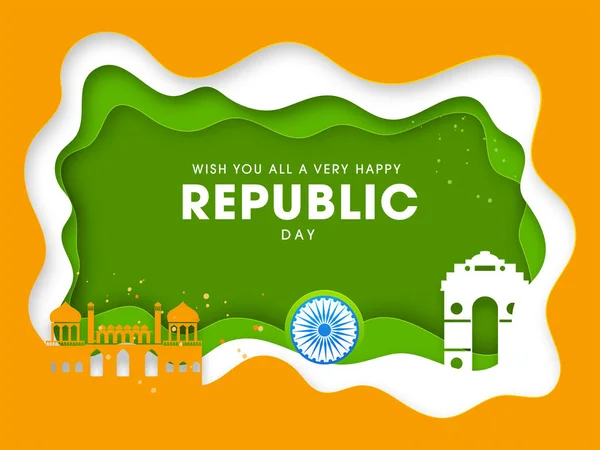 Happy Republic Day Wünsche Mit Indien Berühmten Denkmälern Ashoka Rad — Stockvektor