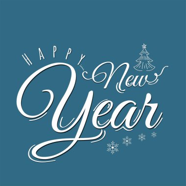 Lineer Xmas Ağacı 'yla Beyaz Mutlu Yıllar Kaligrafi Mavi Arkaplanda Kar Taneleri.