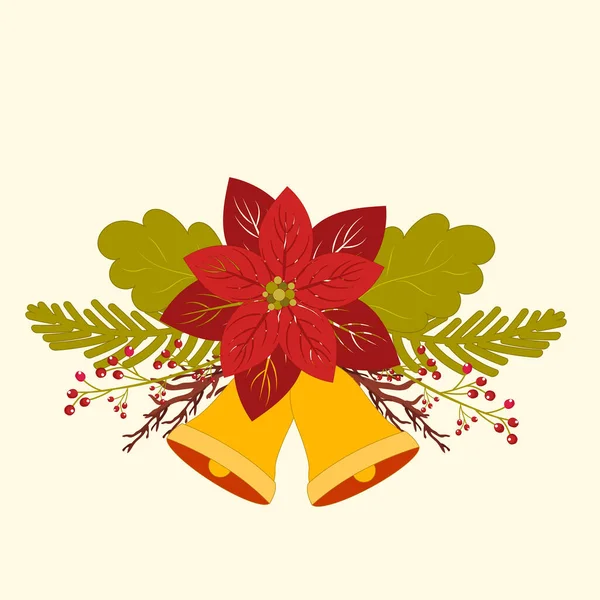 Flor Poinsettia Con Hojas Rama Baya Campanas Jingle Sobre Fondo — Vector de stock