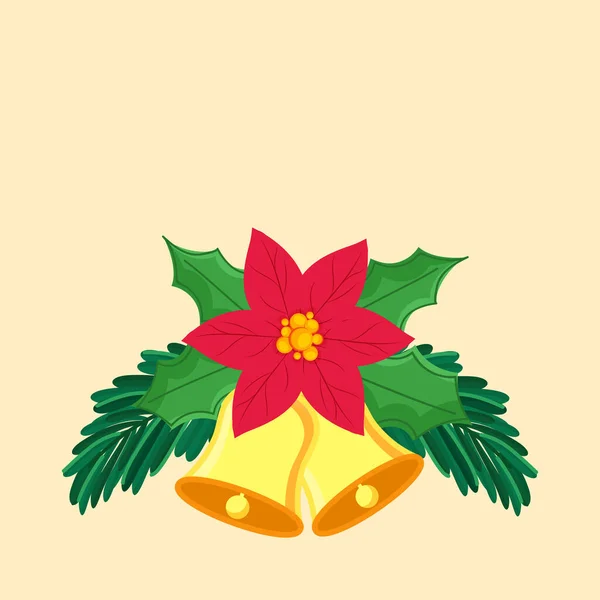 Poinsettia Bloem Met Bladeren Jingle Bells Kopieer Ruimte Pastel Oranje — Stockvector