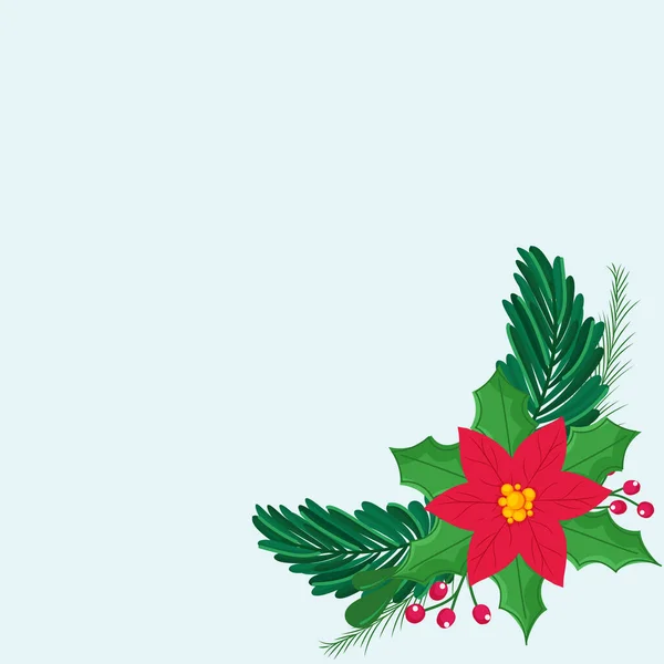 Julstjärna Blomma Med Blad Bär Och Kopiera Utrymme Pastell Blå — Stock vektor
