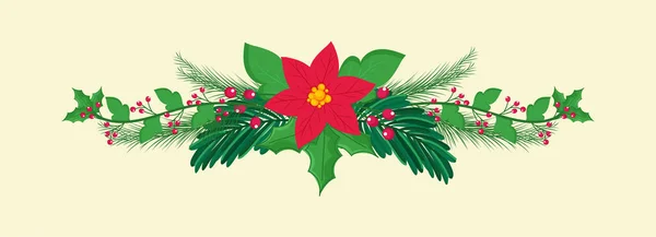 Цветок Пуансеттии Зелеными Листьями Ветки Ягод Холли Пастельно Желтом Фоне — стоковый вектор
