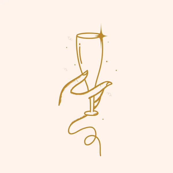 Bronze Linearen Stil Weibliche Hand Hält Champagnerglas Auf Pastellrosa Hintergrund — Stockvektor
