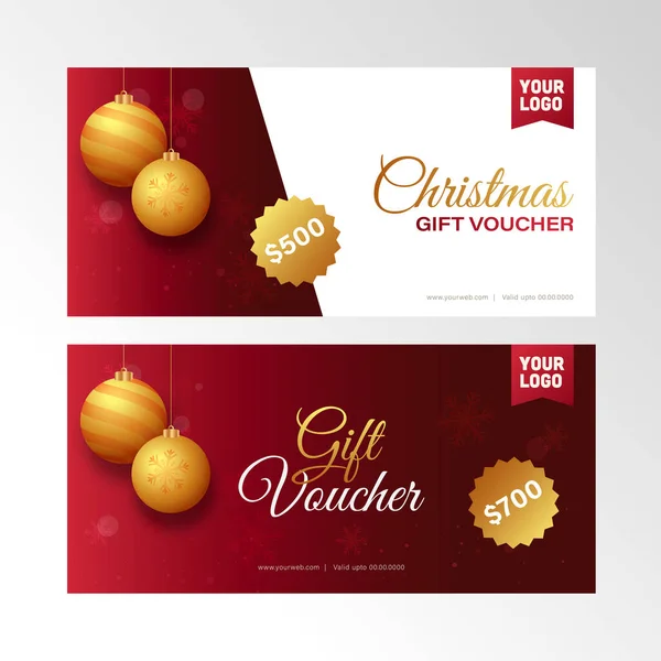 Christmas Gift Voucher Banner Lay Out Met Gouden Baubles Hang — Stockvector