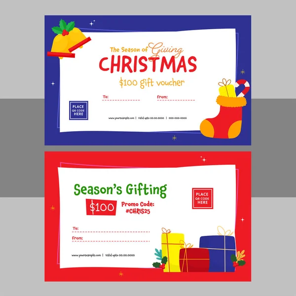 Set Christmas Gift Voucher Design Jingle Bell Woolen Sock Holly — Stock Vector