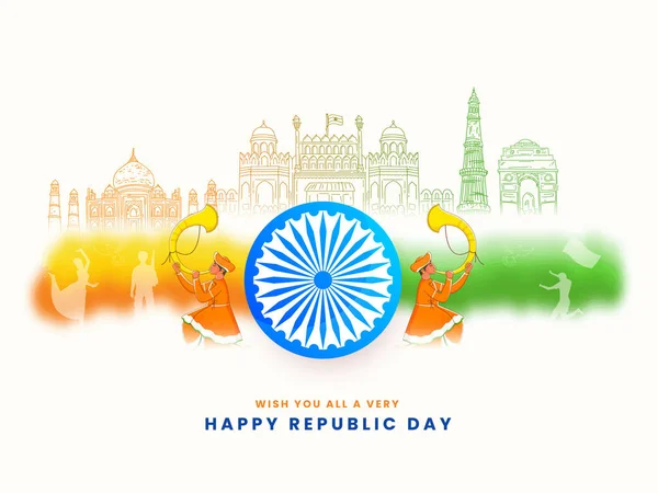 Happy Republic Day Wishes Ashoka Wheel Traditional Attire Men Blowing — Stock Vector