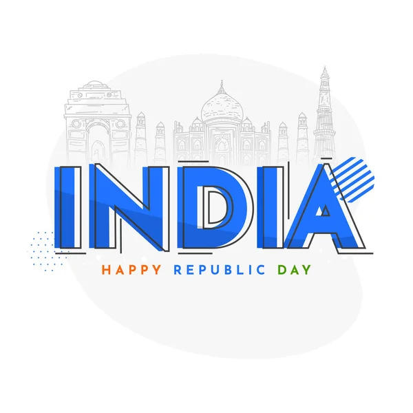 Μπλε Γραμματοσειρά Ινδία Doodle Στυλ Διάσημα Μνημεία Λευκό Φόντο Για — Διανυσματικό Αρχείο