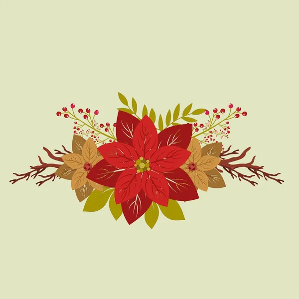 Poinsettia Flower Leaves Berry Branch Copy Space Pastel Green Background — Stock Vector
