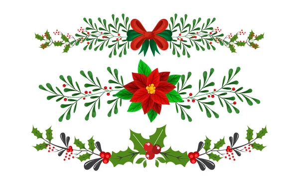 Цветок Poinsettia Ягодными Ветвями Лентой Red Bow Белом Фоне — стоковый вектор