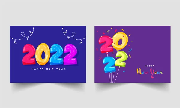青と紫の色のオプションでカラフルな2022バルーン番号とハッピーニューイヤーポスターデザイン — ストックベクタ