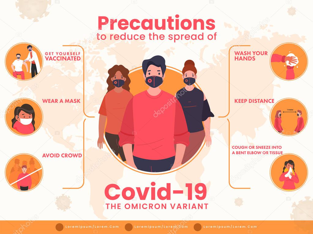 Precautions To Reduce The Spread Of Covid-19 Omicron Variant Such As Vaccinated, Wear Mask, Keep Distancing And Other.