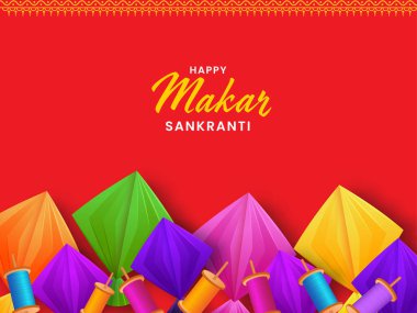 Mutlu Makar Sankranti Kavramı Renkli Origami Kağıt Uçurtmaları ve Kırmızı Arkaplanda Süslemeli Gerçekçi İplik Spikerleri.