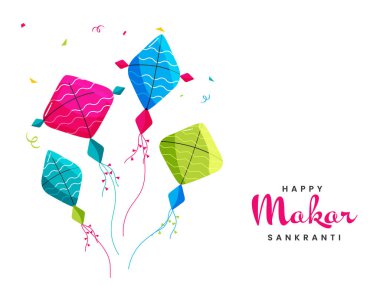 Renkli uçurtmalı Mutlu Makar Sankranti Yazı Tipi, Beyaz Arkaplanda Konfeti.