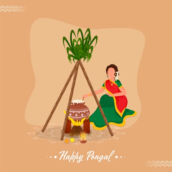 泥鍋で米を攪拌南インドの女性と幸せな教皇の概念とパステルオレンジの背景にサトウキビ — ストックベクタ