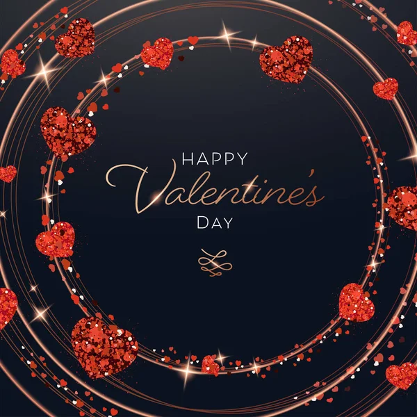 Щасливий Шрифт Дня Святого Валентина Червоними Блискучими Серцями Бронзовому Колі — стоковий вектор