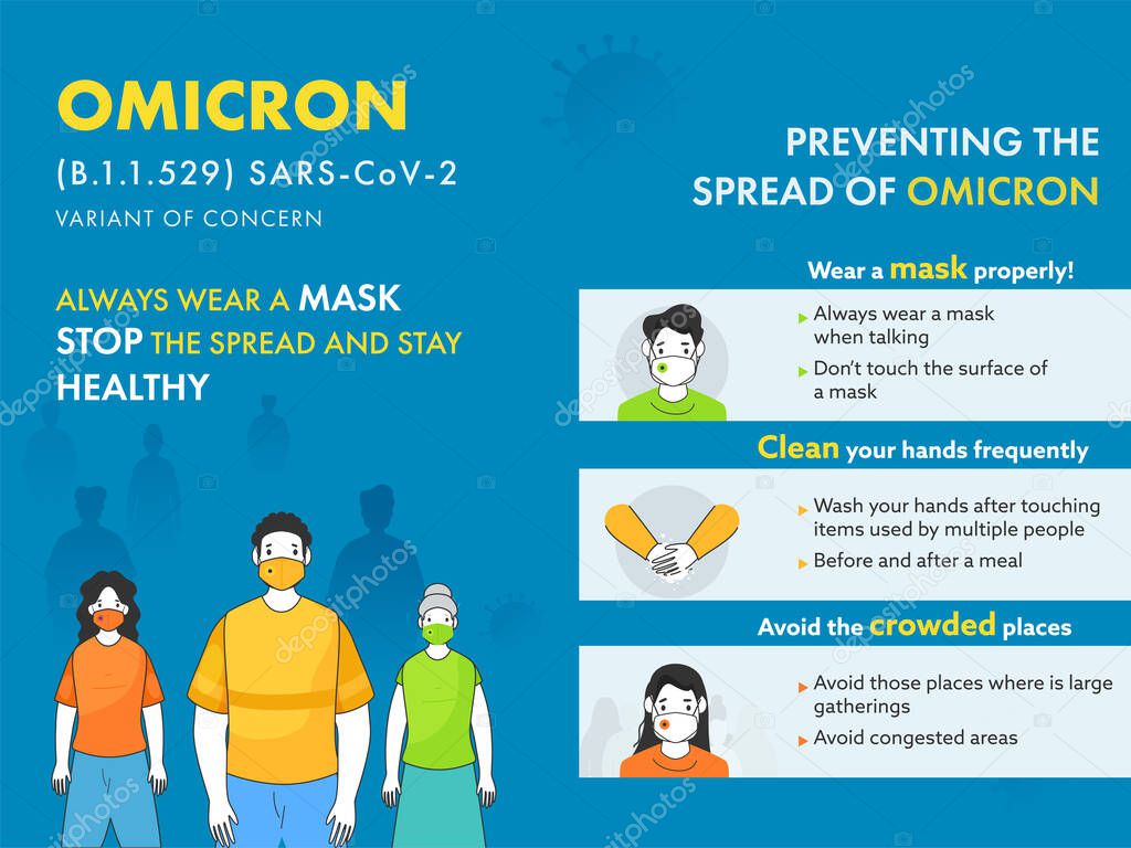 Preventing The Spread Of Omicron Suck As Wear Mask, Washing Hands And Avoid Crowd On Blue Background.