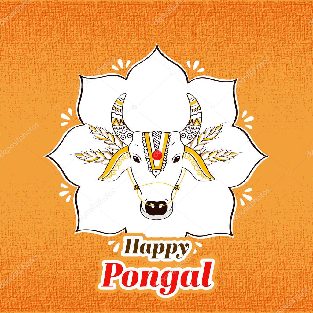 Sticker Style Happy Pongal Font With Doodle Style Cow Or Bull Face On Orange Texture Background.