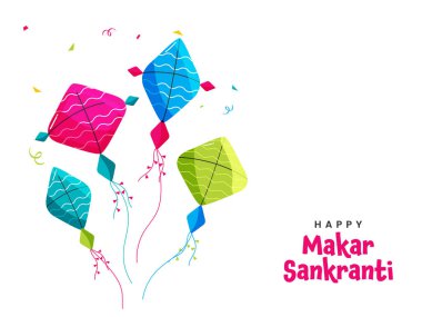Renkli uçurtmalı Mutlu Makar Sankranti Yazı Tipi, Beyaz Arkaplanda Konfeti.