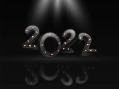 Perspektif Gölgesi Altın Noktalı 3B 2022 Numara ve Siyah Arkaplan Üzerine Işık Odaklı.