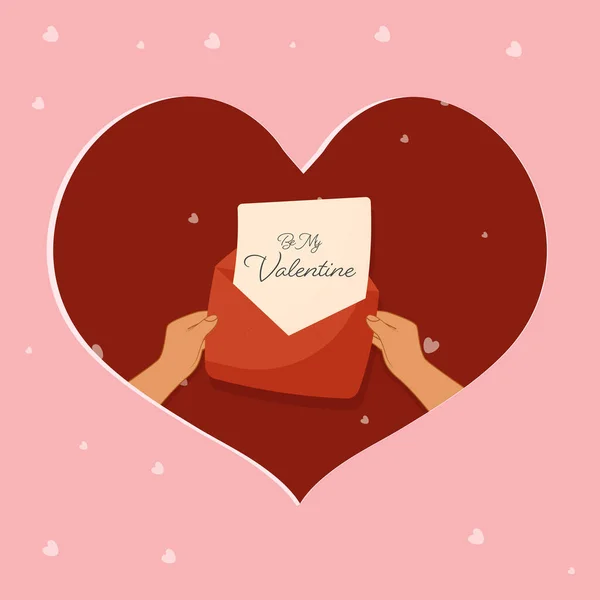 Ruce Držící Love Letter Valentine Red Heart Shape Pink Background — Stockový vektor