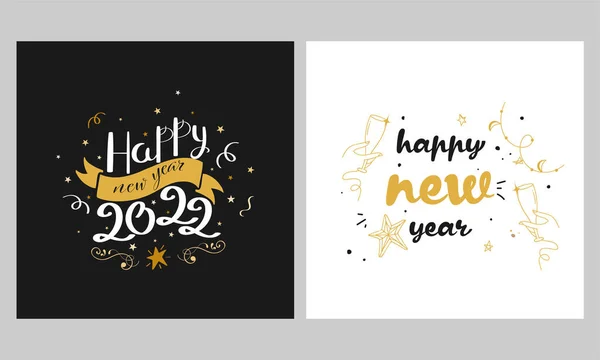 Happy New Year Post Template Set White Black Color — Stock Vector