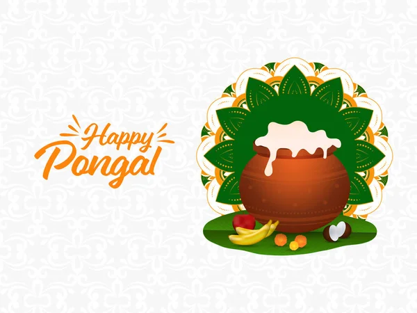 Feliz Concepto Pongal Con Plato Tradicional Maceta Barro Frutas Sobre — Vector de stock