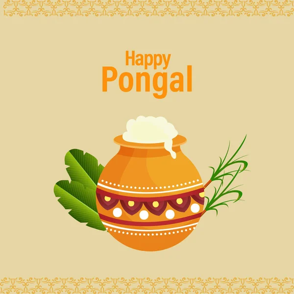 Happy Pongal Poster Design Traditional Dish Mud Pot Banana Leaves — Stockvektor