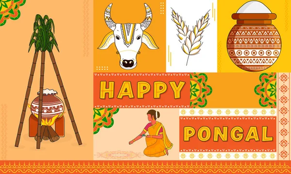 Счастливый Понгал Южноиндийской Женщиной Традиционное Блюдо Приготовленное Костре Коровье Бычье — стоковый вектор