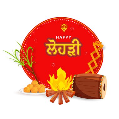 Mutlu Lohri Yazı Tipi Şenlik Ateşi, Hint Tatlısı (Laddu), Şeker Kamışı, Kırmızı ve Beyaz Arkaplanda Müzik Aracı.