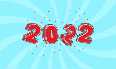 3D Kırmızı 2022 Noktalı Efekt ve Mavi Girdap Işıkları Arkaplanındaki Konfeti.